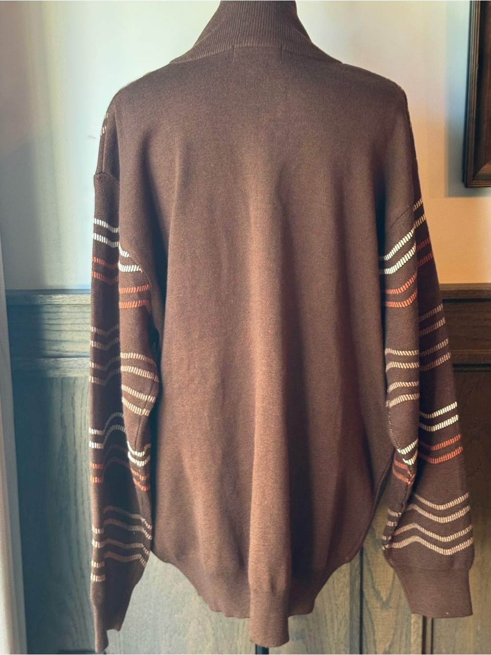 Silversilk Brown Bomber zip up sweater Jacket with Cream & Rust Wavy Stripes 3x - Picture 4 of 9